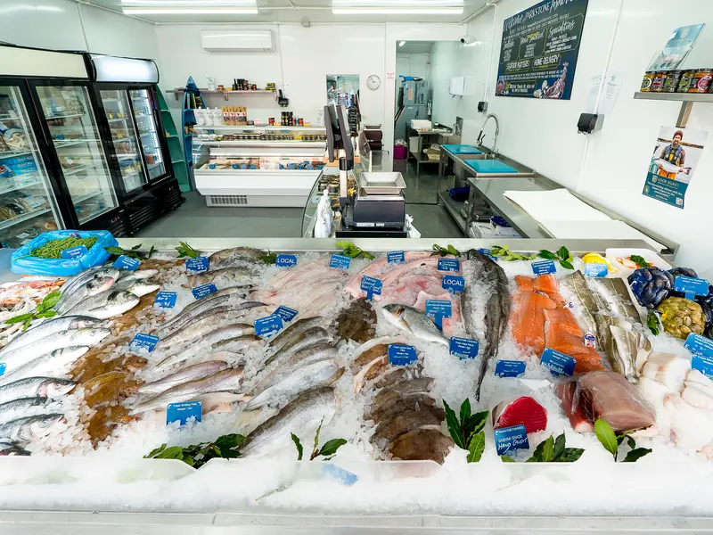 The fish counter laid out with fish, fillets and shellfish