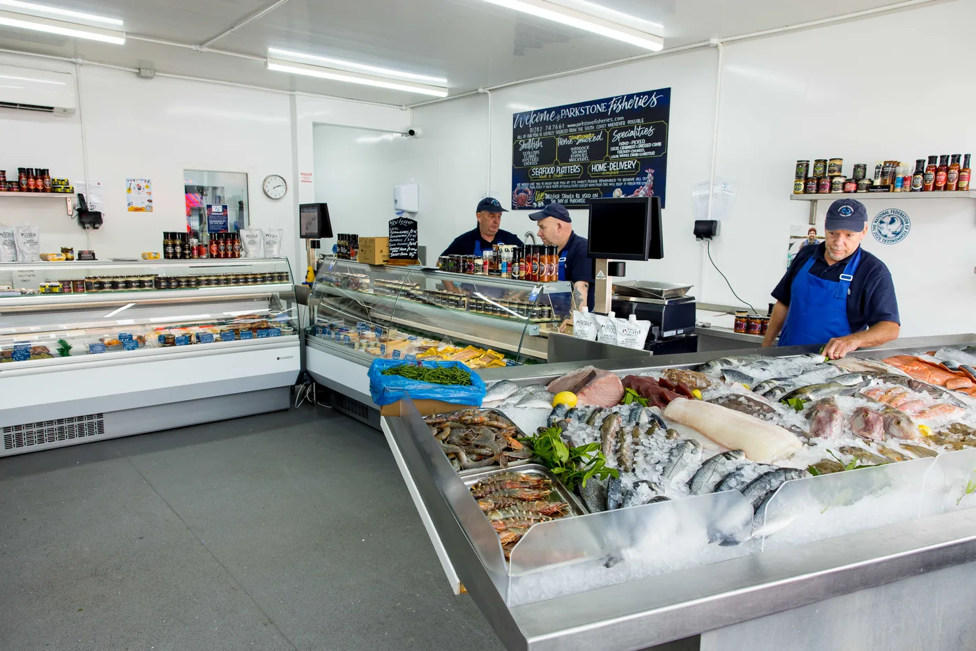 Inside Parkstone Fisheries: the fresh fish counter at our shop on Bournemouth Road in Ashley Cross, Poole