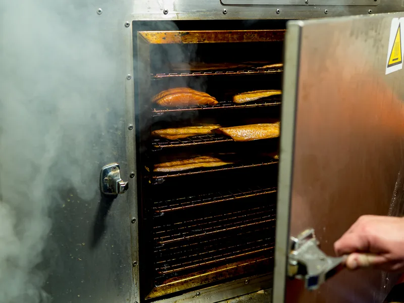 Fish in the smoker at Parkstone Fisheries, smoked on the premises