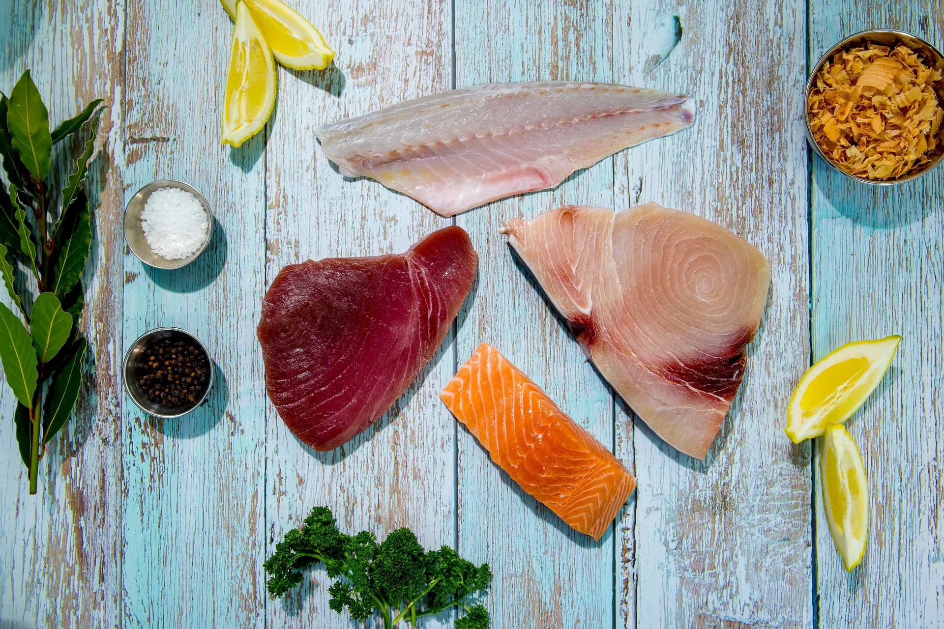 Tuna, swordfish, salmon and a white fish fillet laid out with lemon and seasoning