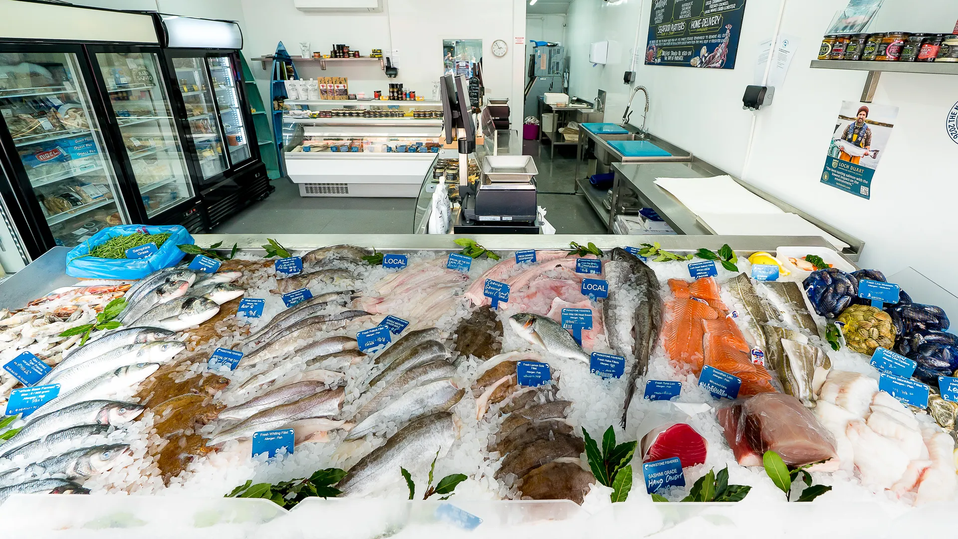 Fresh seafood selection at Parkstone Fisheries, Poole