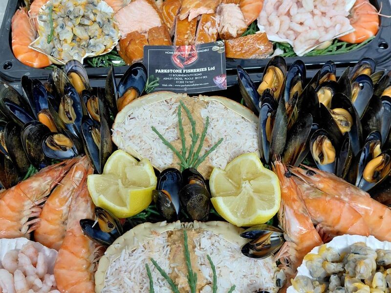 Seafood platter with two hand-dressed crabs, mussels, cockles, king prawns and smoked salmon, Parkstone Fisheries, Poole