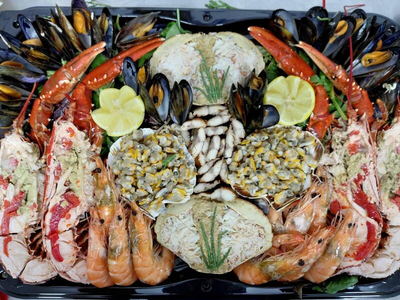 Seafood platter with split lobster, hand-dressed crab, mussels, cockles and prawns, Parkstone Fisheries, Poole