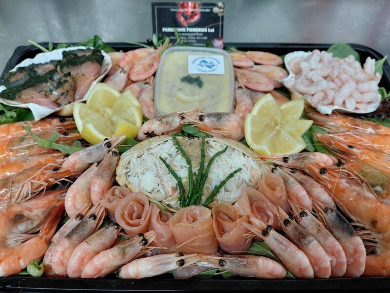Seafood platter with shell-on king prawns, hand-dressed crab and smoked salmon, Parkstone Fisheries, Poole